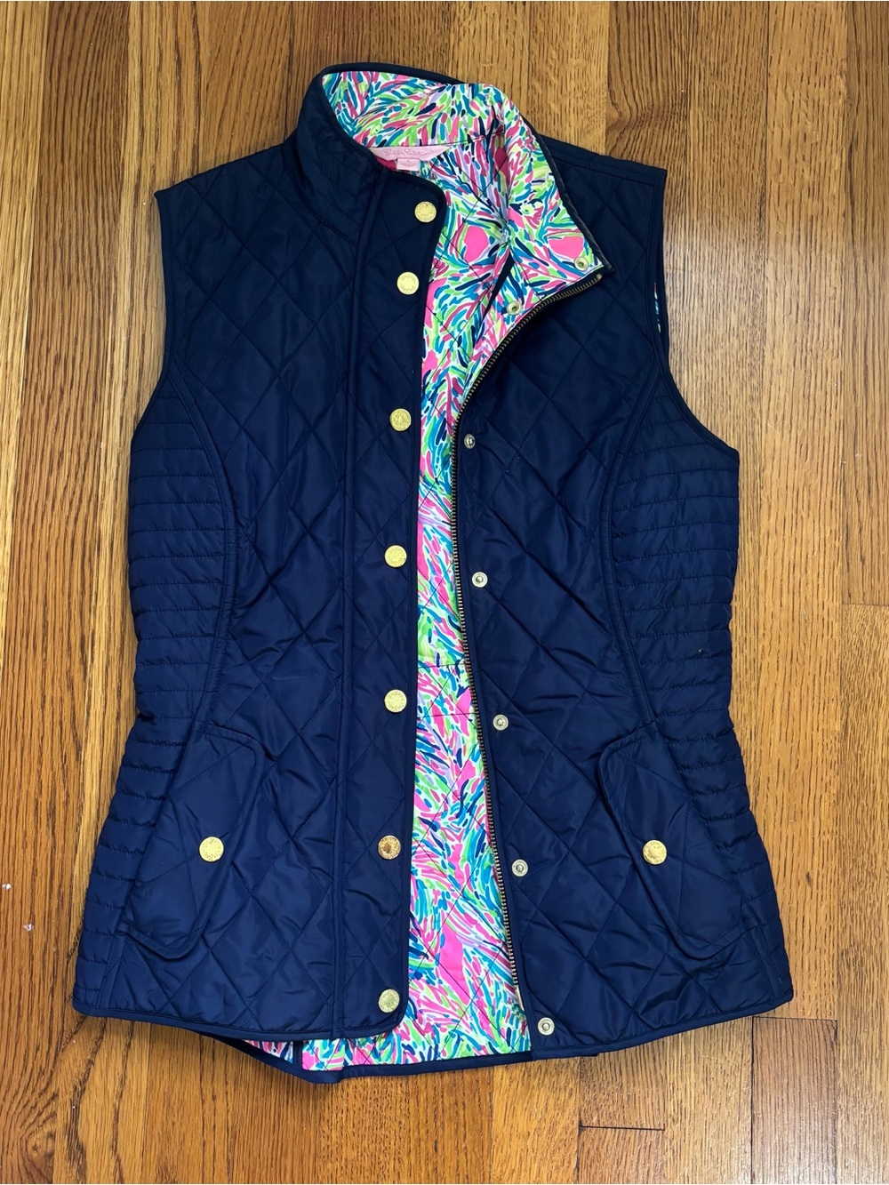 Lilly Pulitzer Navy Quilted Vest with Bright Printed Lining